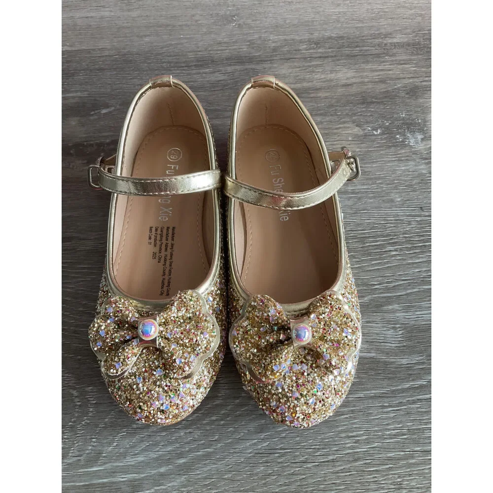 Flats Sparkly Gold With Strap (Size T6.5)